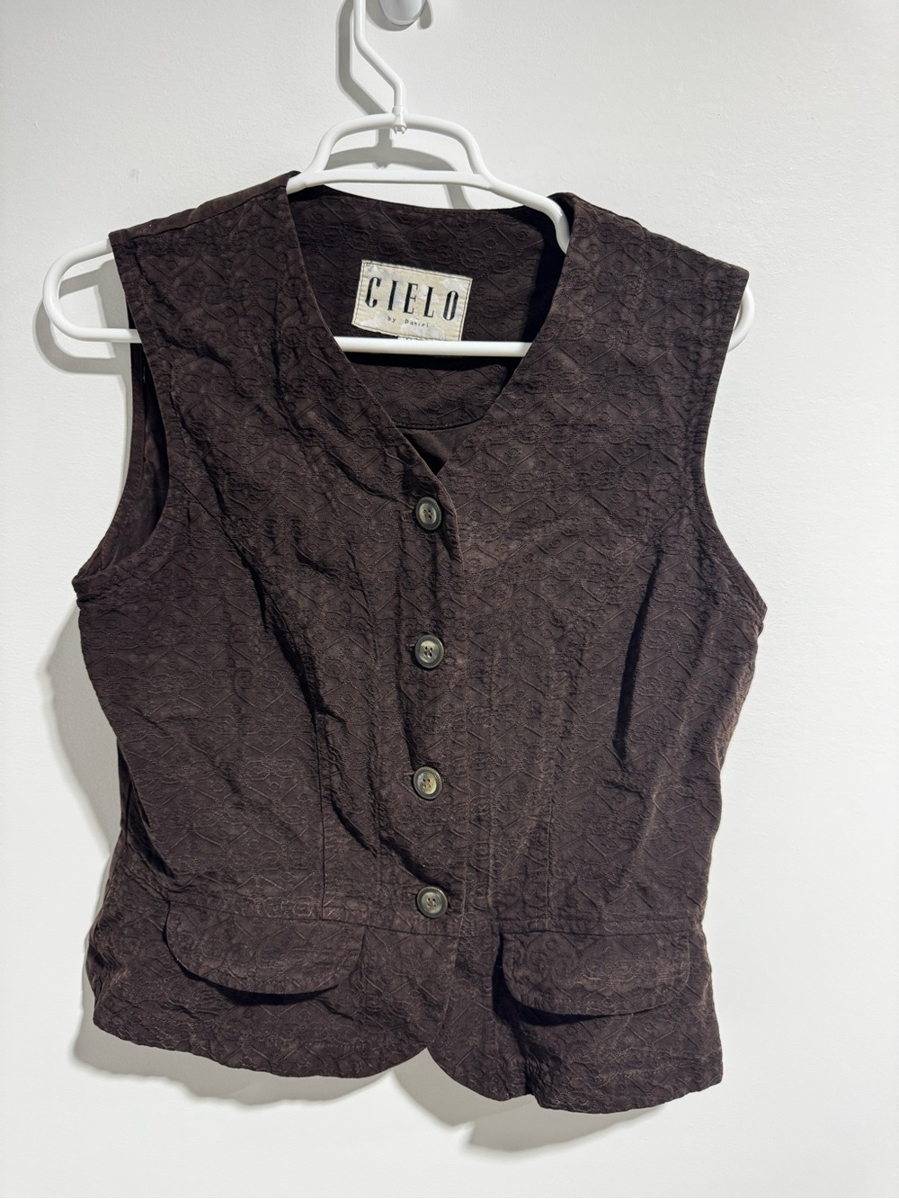 Cielo Textured Button-Up Sleeveless Vest - Dark Brown Size M